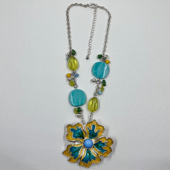 Golden Yellow & Turquoise Enameled Flower Pendant 16” Silver Toned Necklace - Picture 3 of 7